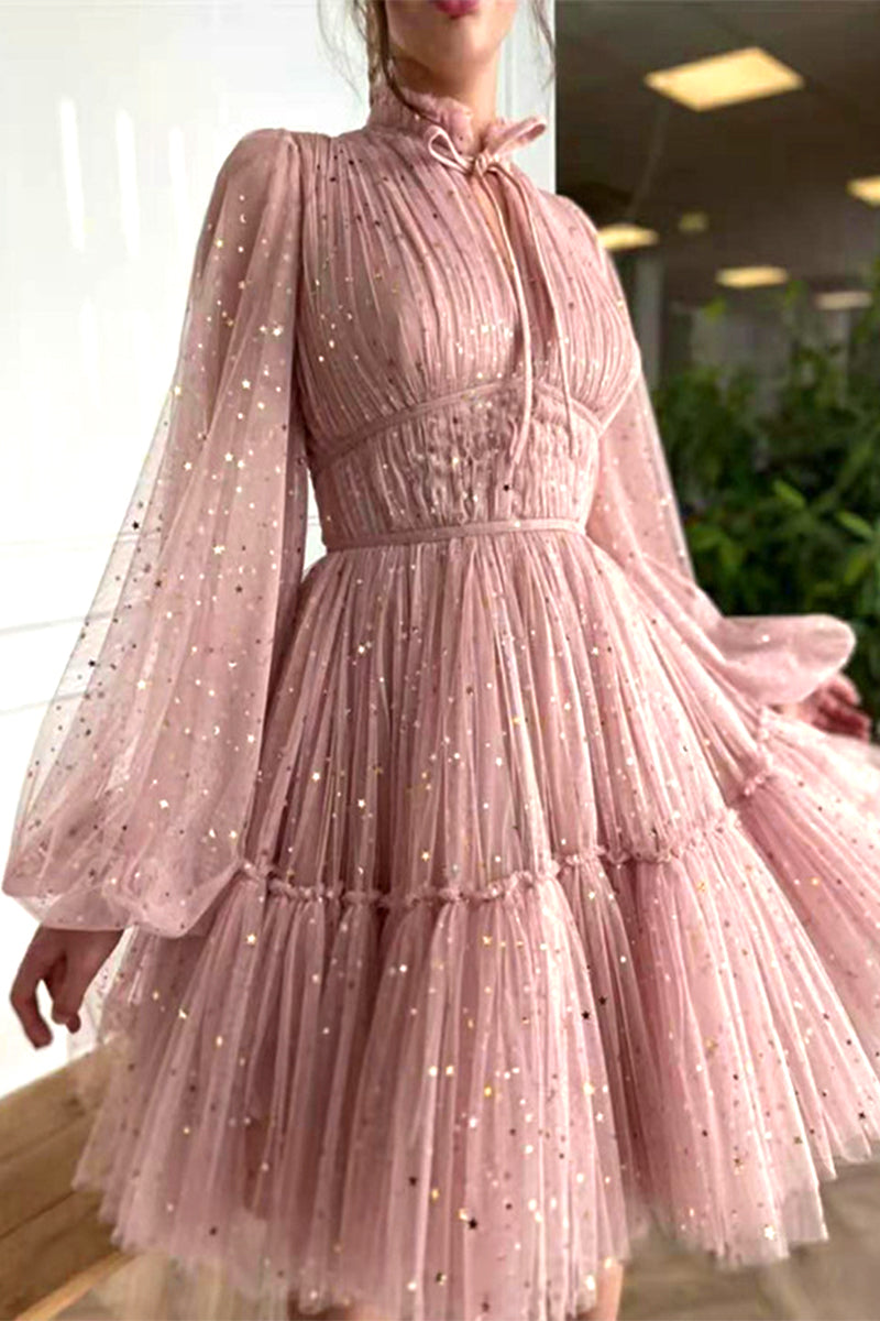 Sweet Elegant Solid Sequined Mesh Mandarin Collar Evening Dress Dresses - VelvetHem