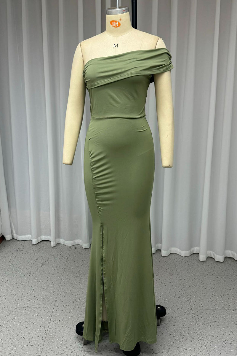 Sexy Prom Solid Color Slit Ruched Sloping Shoulder Evening Dresses - View 3 | VelvetHem