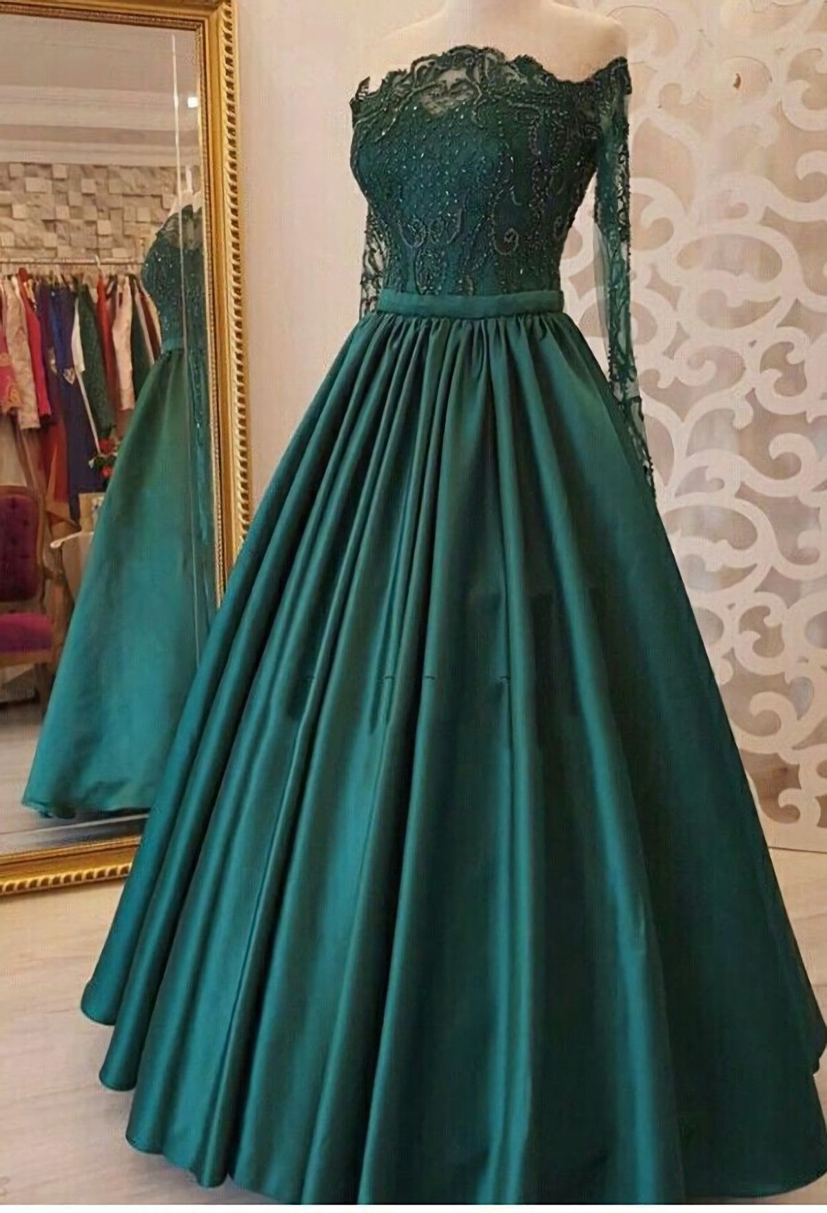 modest dark green party dress, Off-the-Shoulder prom dresses,prom dress with long sleeves, evening gowns with lace - View 7 | FashionDia