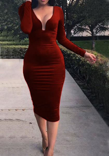 Sapphire Blue Long Sleeve Deep V-neck Elegant dress