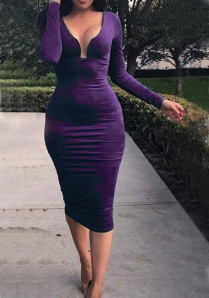 Sapphire Blue Long Sleeve Deep V-neck Elegant dress