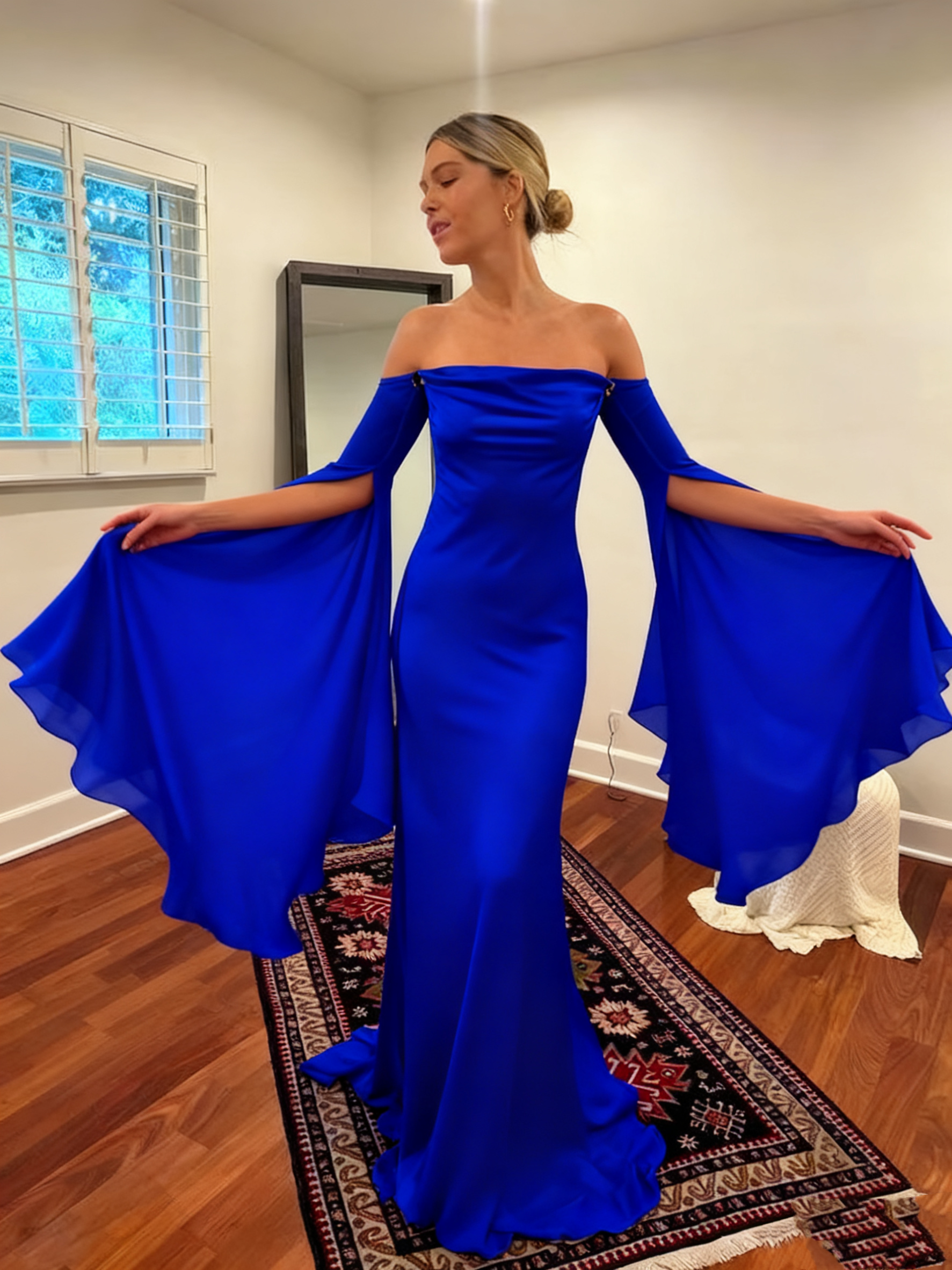Wedding Dresses Soft Satin Long Floor Length Open Back Simple Bridal Gown With Detachable Flare Sleeves fg6409