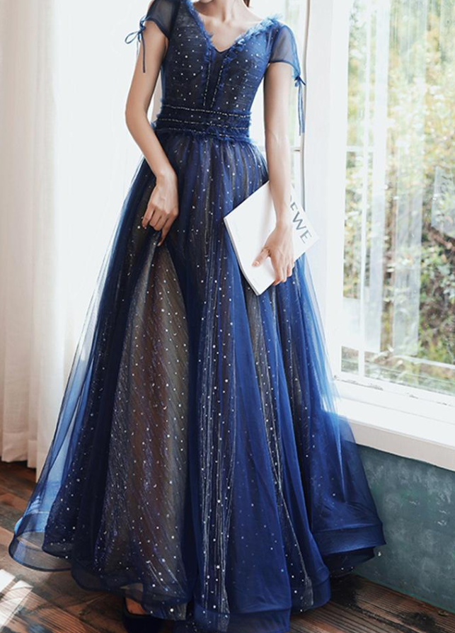Stars Moon Sequins Prom Dress Navy Blue Long Evening Dress V Neck Banquet Dress Short Sleeve Girls Party Dress Graduation Dress fg656