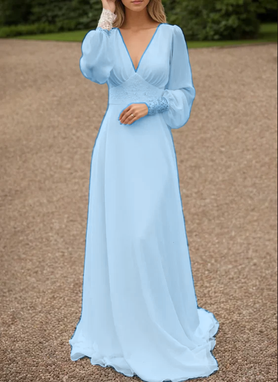 Ivory lace wedding dress, long-sleeve button back long train gown lace & chiffon Wedding Dresses fg6636