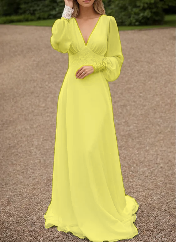 Ivory lace wedding dress, long-sleeve button back long train gown lace & chiffon Wedding Dresses fg6636