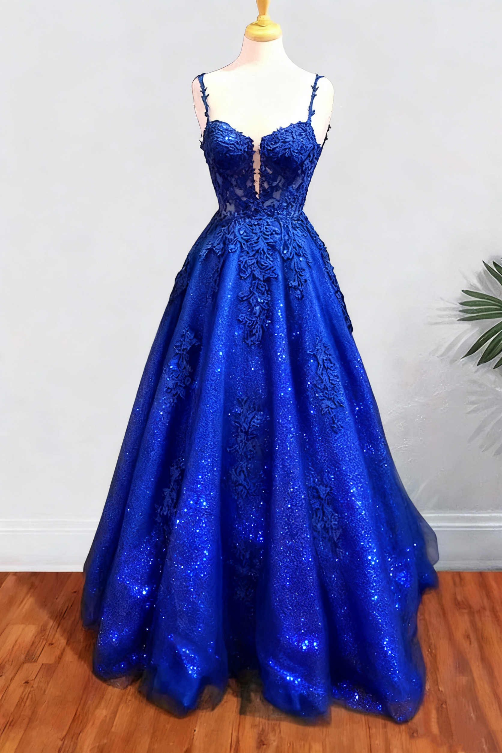 A-line Spaghetti Straps Long/Floor-Length Tulle Prom Dress With Beading Glitter Appliqued fg6754