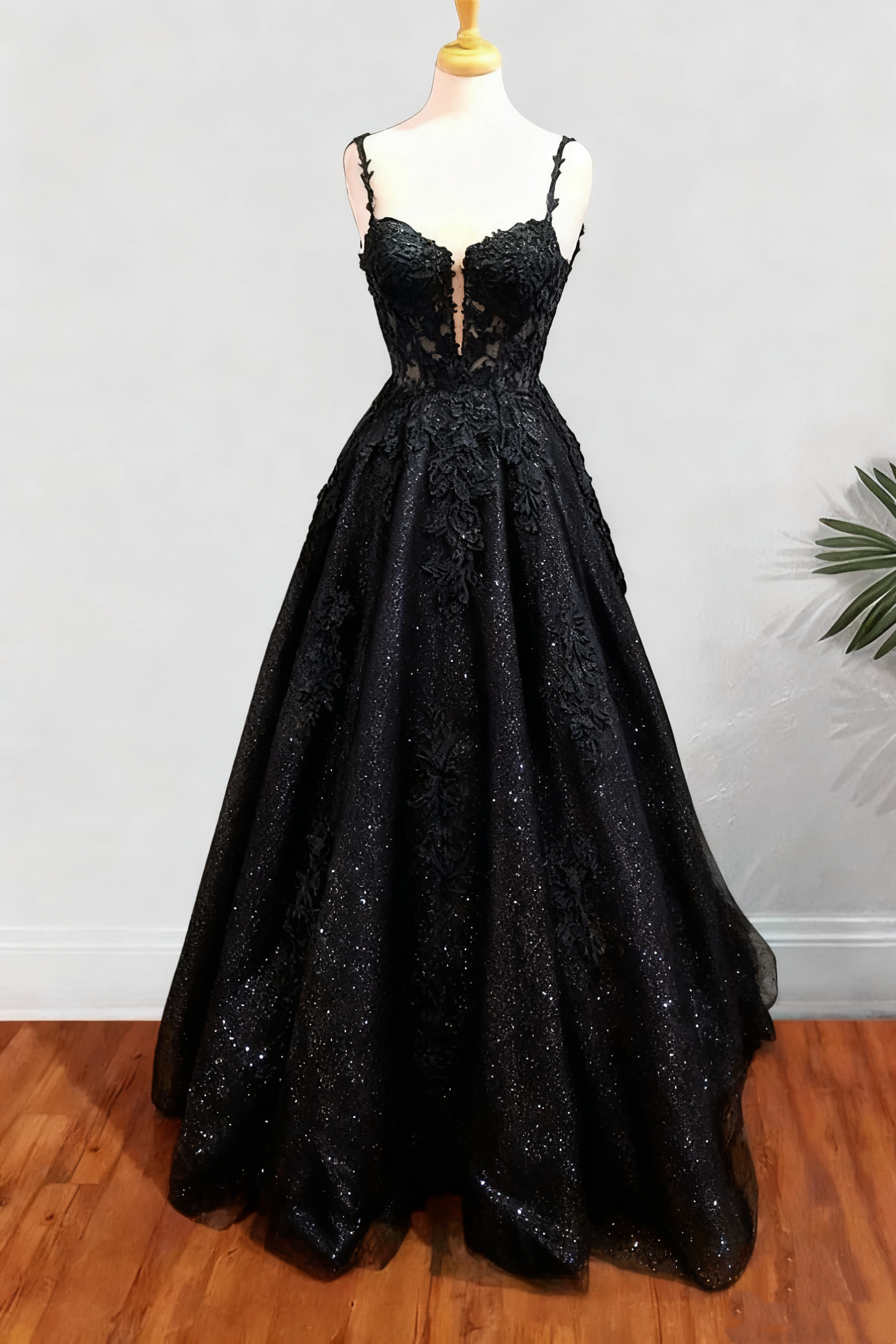 A-line Spaghetti Straps Long/Floor-Length Tulle Prom Dress With Beading Glitter Appliqued fg6754