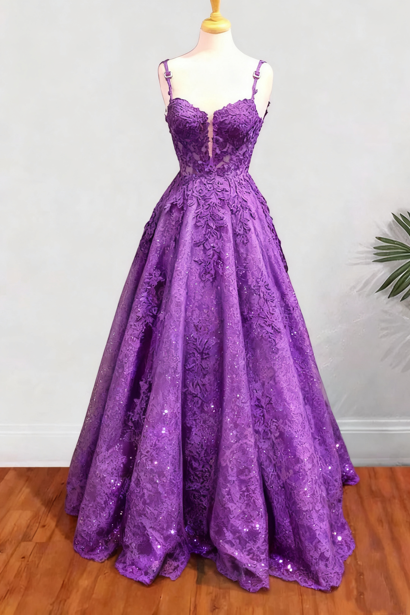 A-line Spaghetti Straps Long/Floor-Length Tulle Prom Dress With Beading Glitter Appliqued fg6754