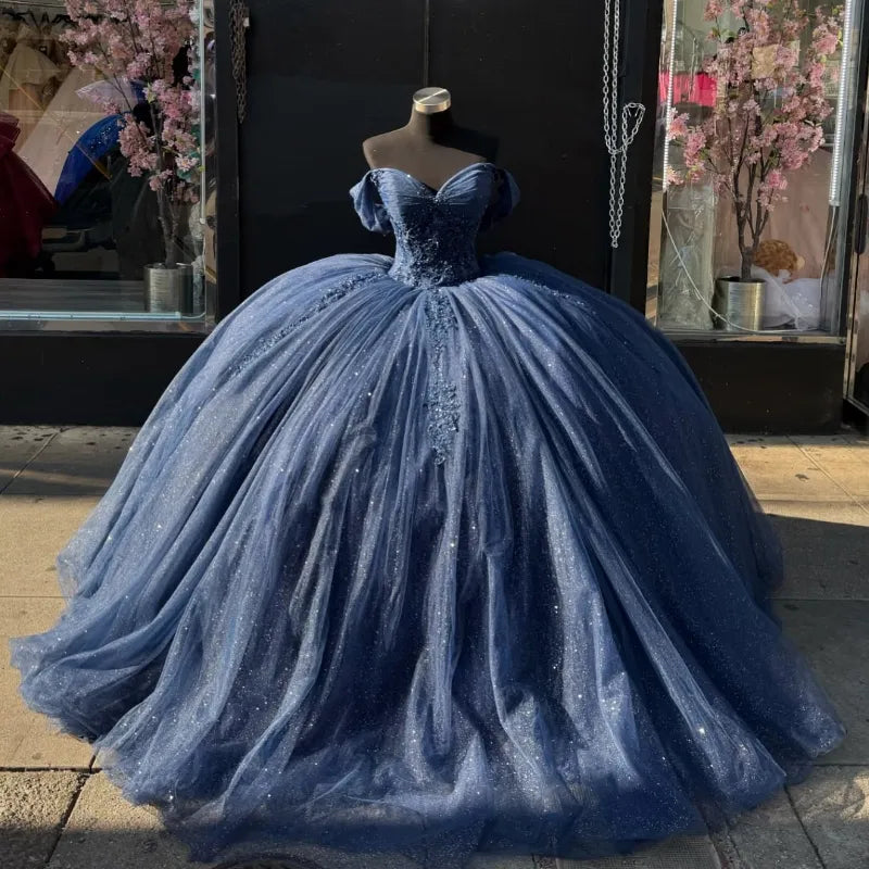 Sweet 16 Birthday Party Dresses Navy Blue Off-Shoulder Lace Appliqued Tulle Ball Gown for Birthday Celebration Sweet 15 Mexican Dresses - VelvetHem