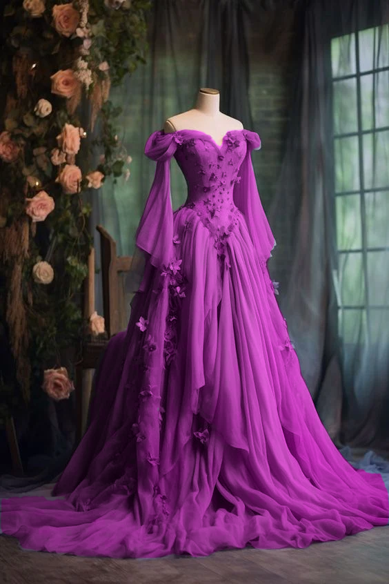 Purple Custom Dress Long Sleeve Floral Applique A-Line Long Evening Dress fg7191