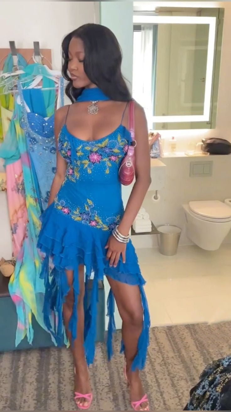 Blue Spaghetti Straps Short Prom Dress Blue Sexy Evening Dress fg7276 - View 5 | VelvetHem