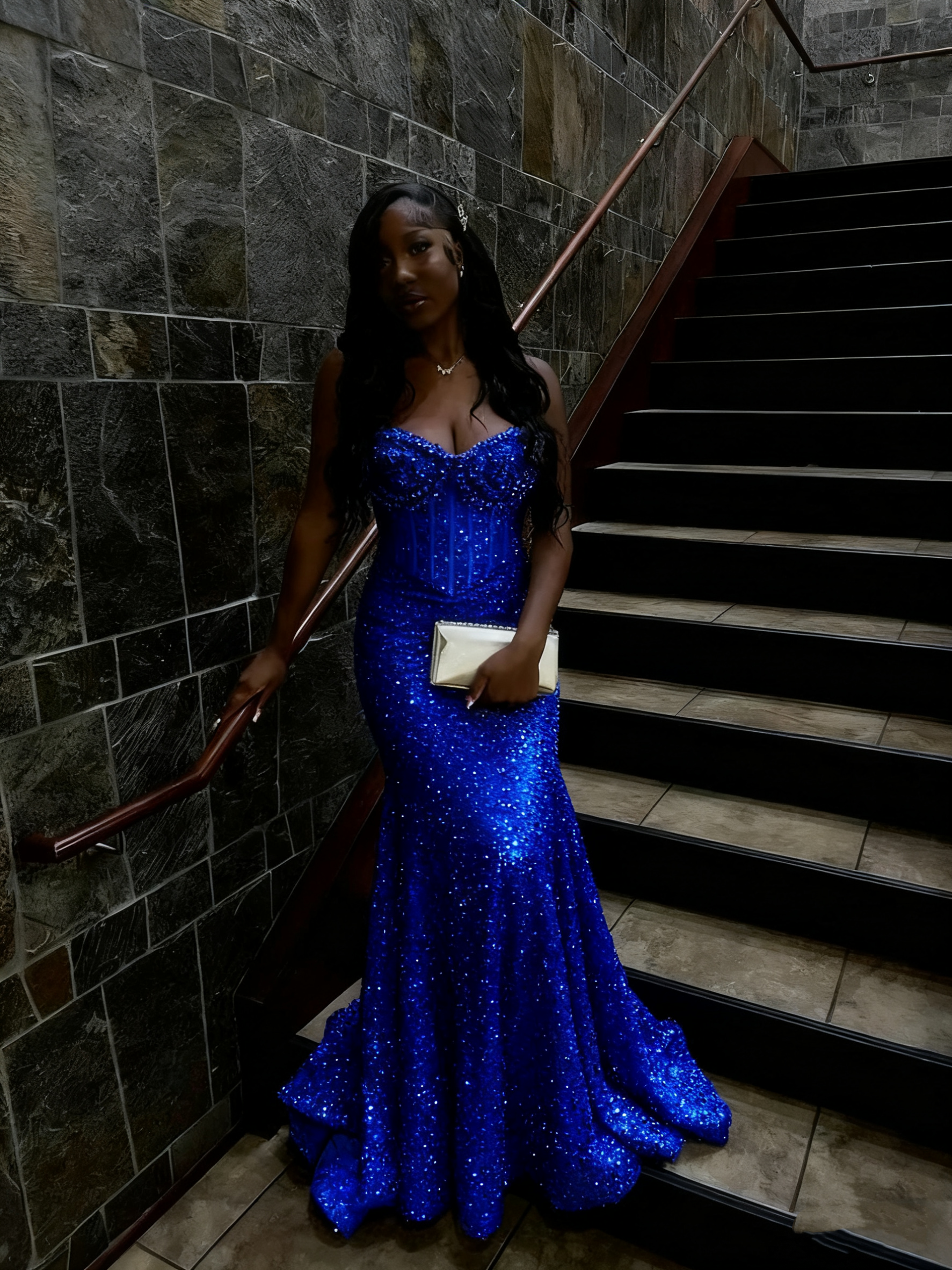 Gold Sequin Mermaid Long Prom Gown Evening Dress fg7393