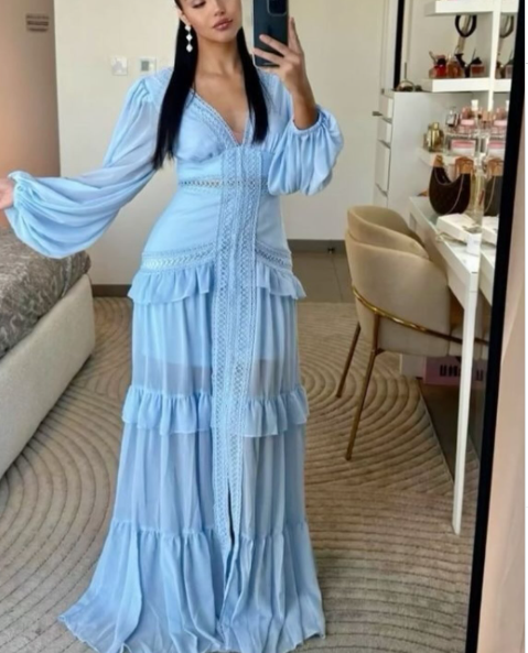 Blue Chiffon Long Prom Dresses Sexy Evening Dress - View 6 | VelvetHem