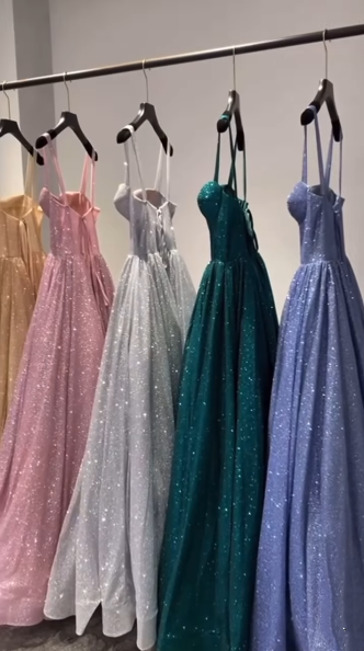 A-Line Pink Spaghetti Straps Shinny Long Formal Dress Evening Party Dresses - View 5 | FashionDia