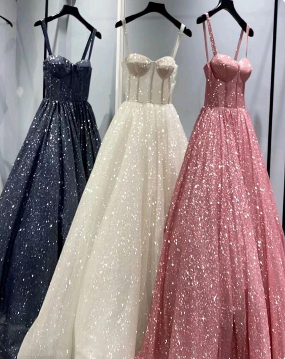A-Line Pink Spaghetti Straps Shinny Long Formal Dress Evening Party Dresses - View 7 | FashionDia