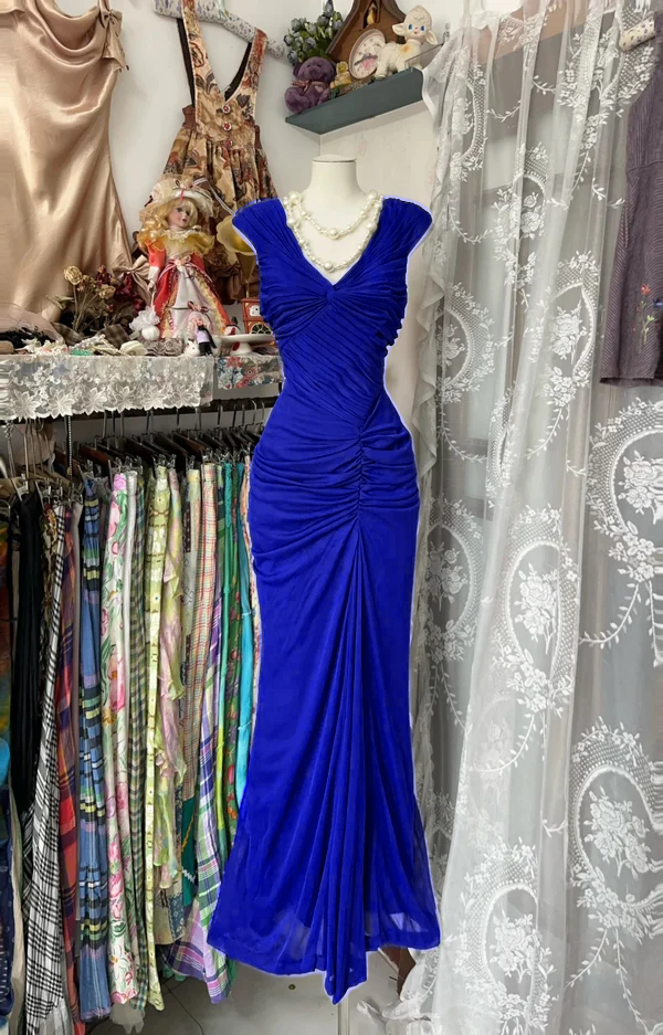 Navy Blue Mermaid Pleats Vintage Prom Dress Long Evening Dress - View 4 | FashionDia