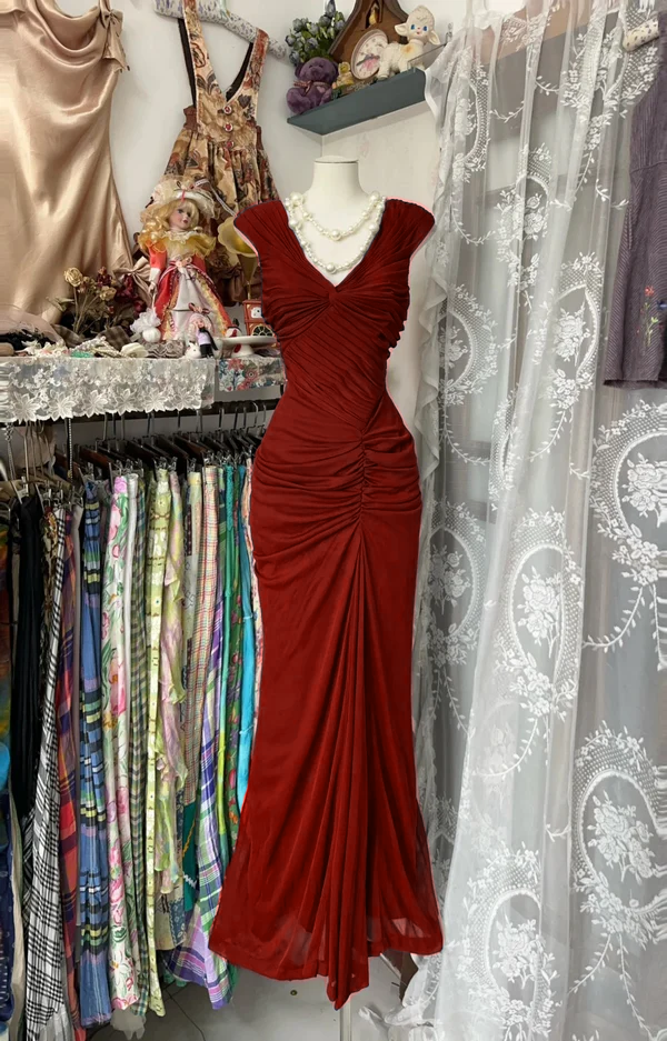 Navy Blue Mermaid Pleats Vintage Prom Dress Long Evening Dress - View 5 | FashionDia