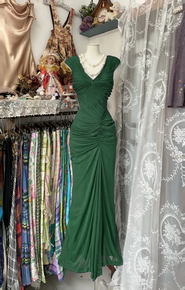 Navy Blue Mermaid Pleats Vintage Prom Dress Long Evening Dress - View 6 | FashionDia