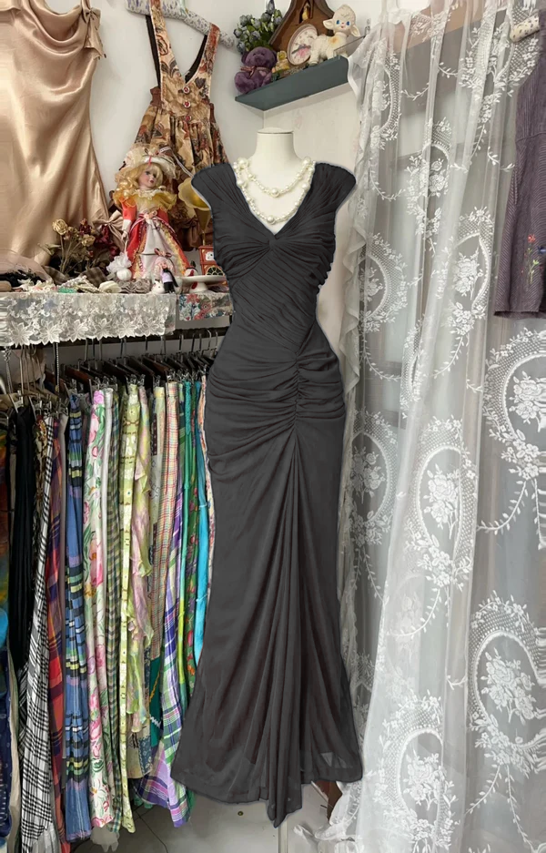 Navy Blue Mermaid Pleats Vintage Prom Dress Long Evening Dress - View 7 | FashionDia