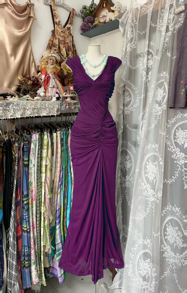 Navy Blue Mermaid Pleats Vintage Prom Dress Long Evening Dress - View 8 | FashionDia