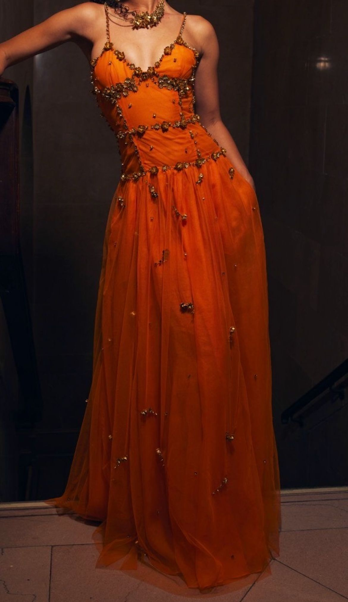 Beaded Orange Vintage Tulle Prom Dress 21st Birthday Outfit Evening Dress