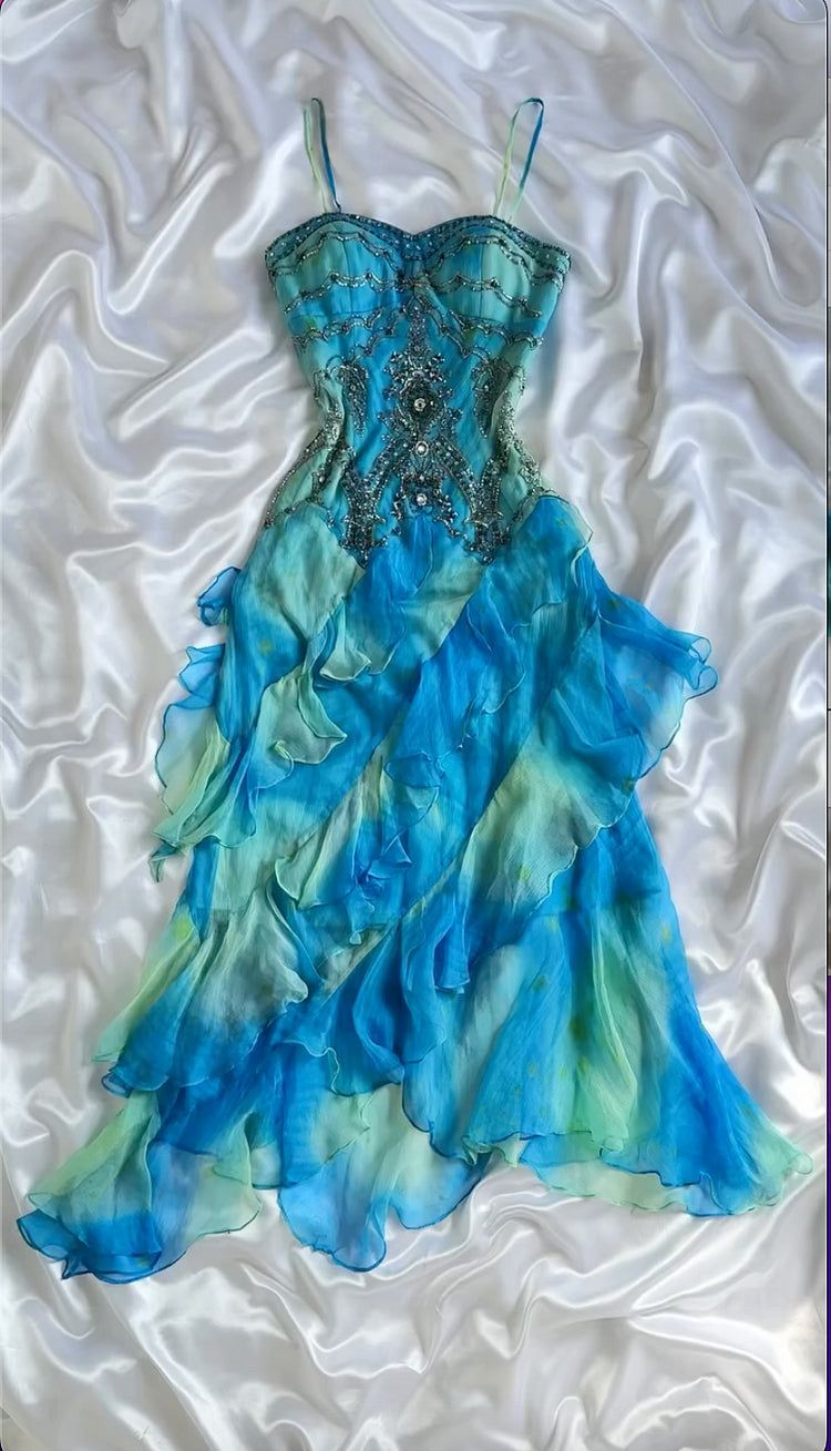 Blue Vintage Long Prom Dress Beaded Evening Party Dress 21st Birthday Outfit - FashionDia
