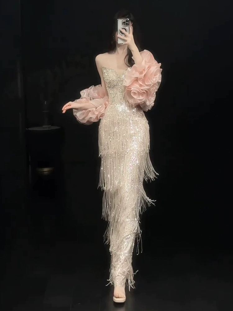 Shiny Tassel Luxurious Evening Dress Beaded Long Prom Dress Birthday Dress