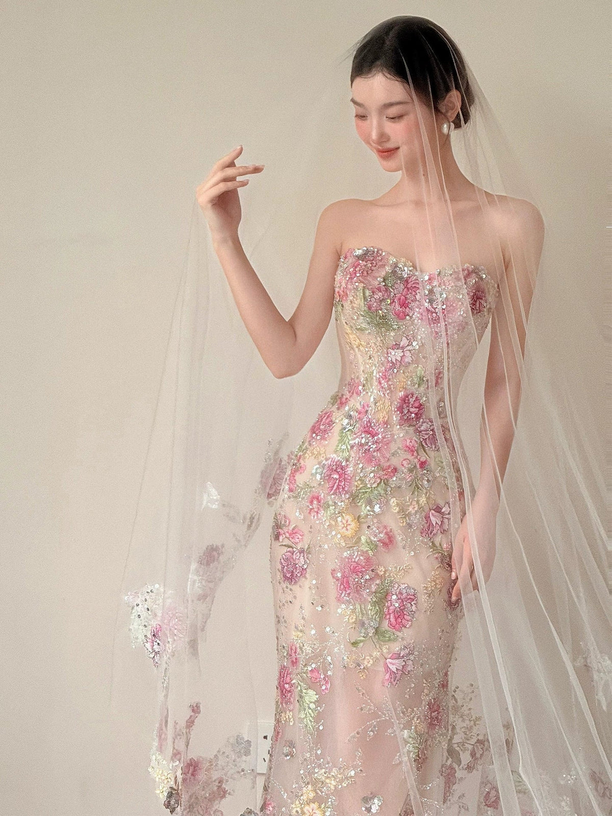 Sweetheart Mermaid Bead Flora Wedding Dress Sexy Evening & Prom Dress - View 3 | FashionDia