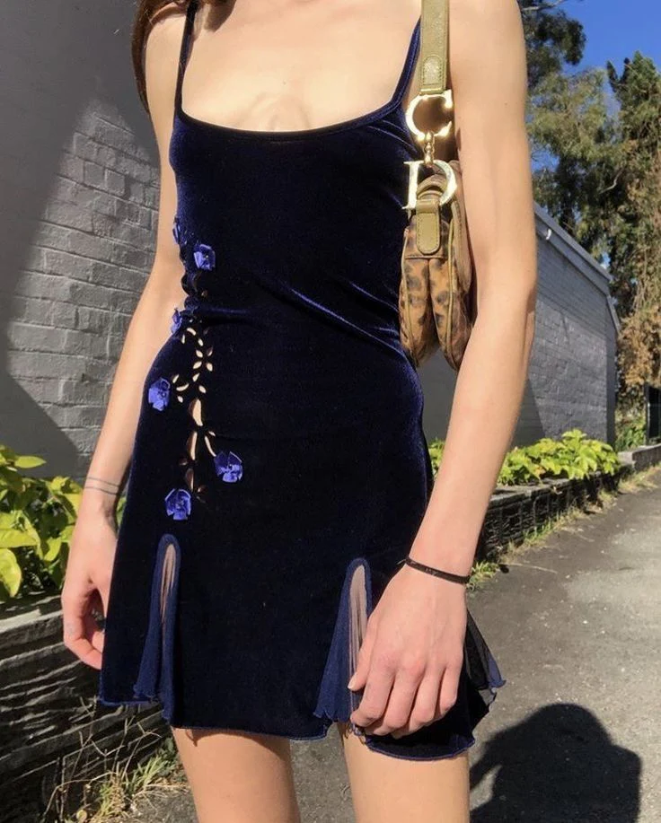 Navy Blue Velvet Homecoming Dresses 3D Flowers Short Prom Dress - FashionDia