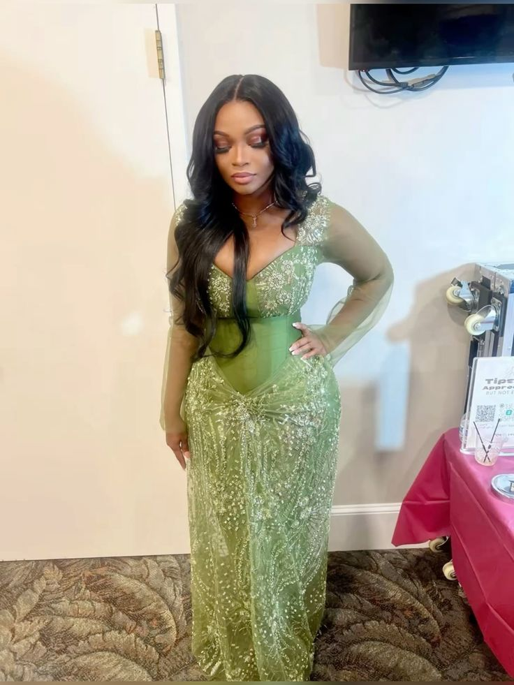 Green Lace Prom Dress With Long Sleeves Sexy Formal Party Dress Birthday Outfit - FashionDia