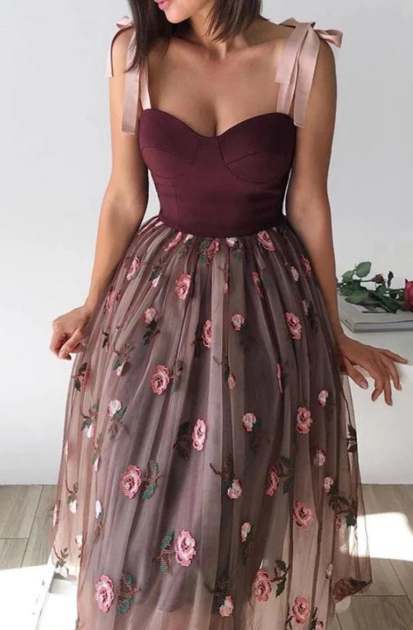 A Line Tulle Short Prom Dresses Floral Skirt Tea Length Women Casual Gowns fg985