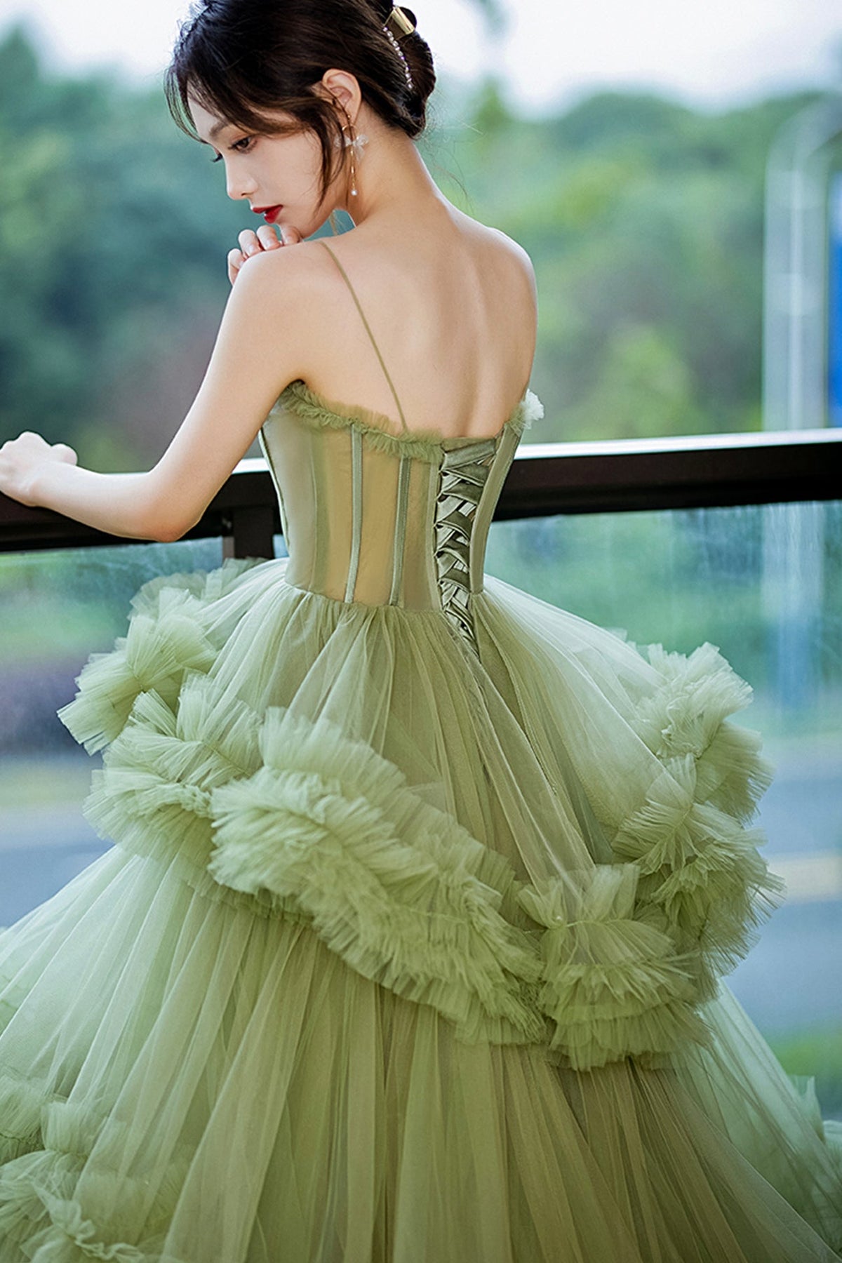 Green tulle long A-Line prom dress green evening dress - View 6 | FashionDia
