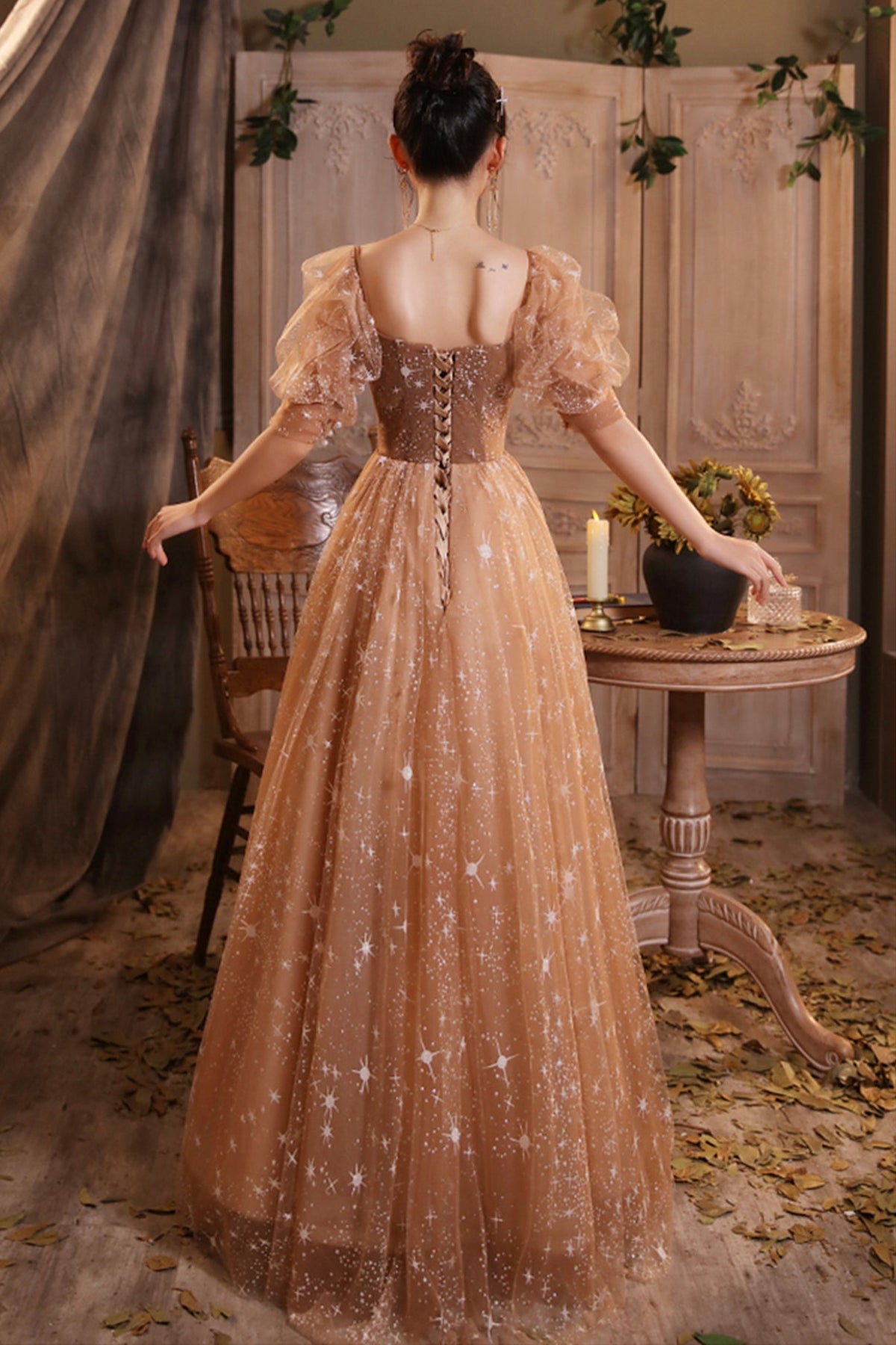 Elegant Champagne Evening Dresses Female Lanturn Sleeves Bow Lace Up Long French Style Ball Gowns - View 5 | FashionDia