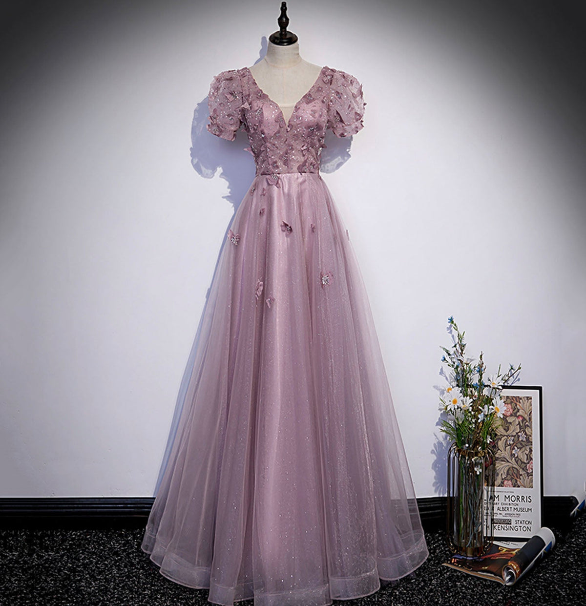 Pink tulle sequins long prom dress pink evening dress s61 - VelvetHem