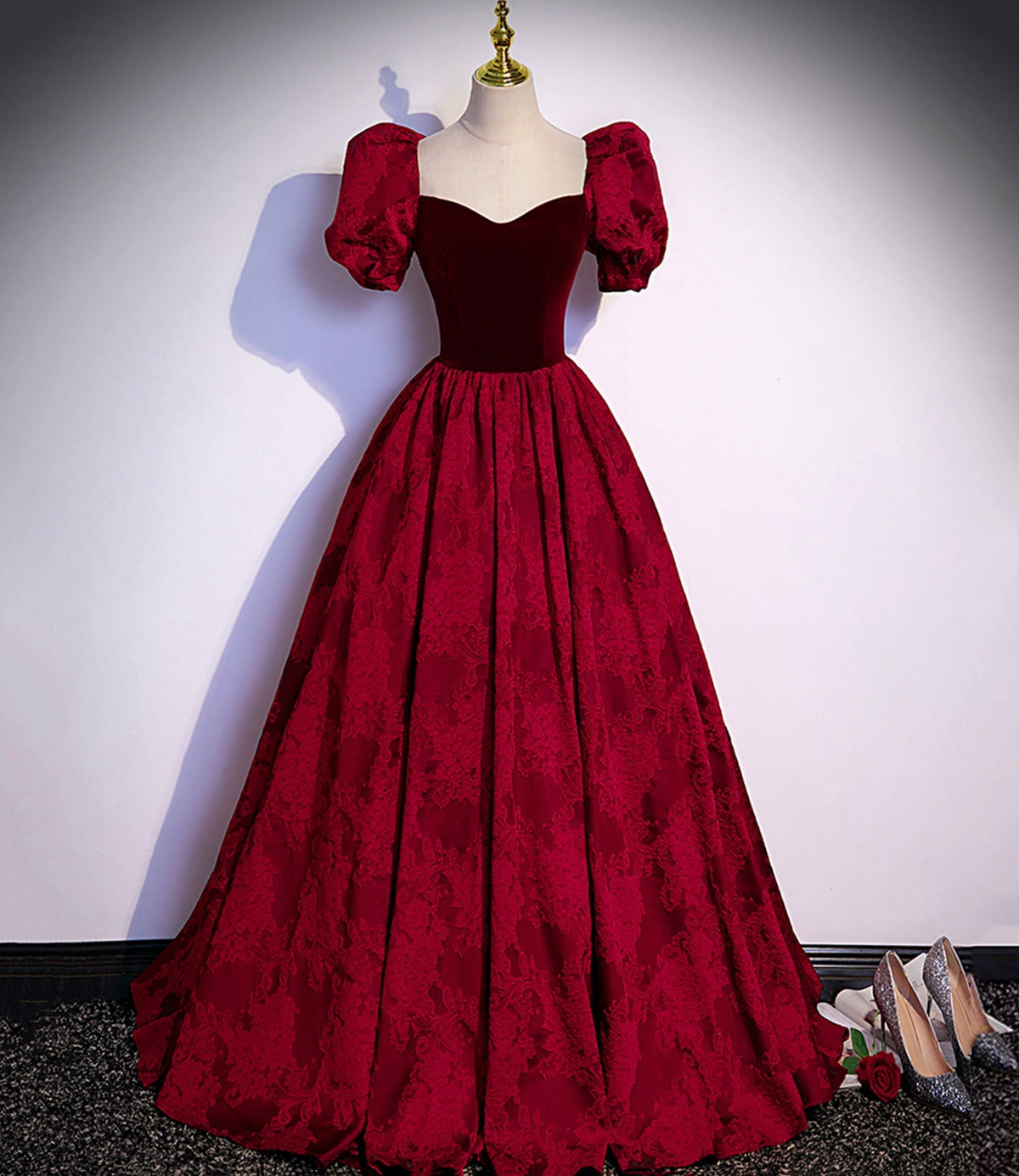 Burgundy velvet jacquard long prom dress evening dress s89 - VelvetHem