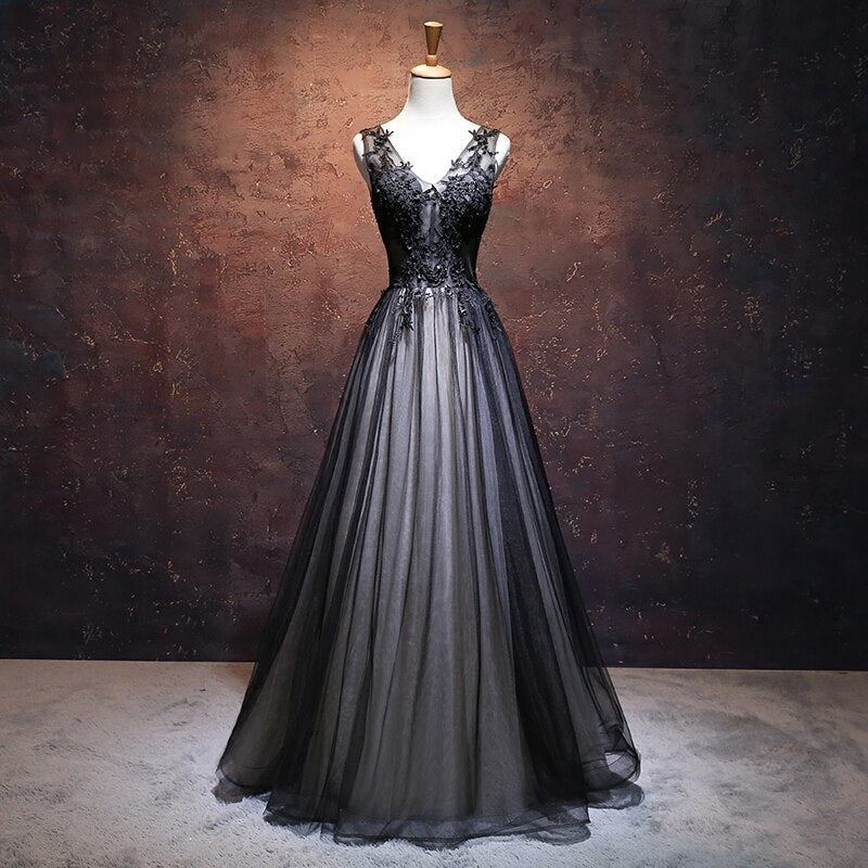 CHIC A-Line V-Neck Floor-Length TULLE BLACK APPLIQUE LONG Prom & Evening Dress - FashionDia