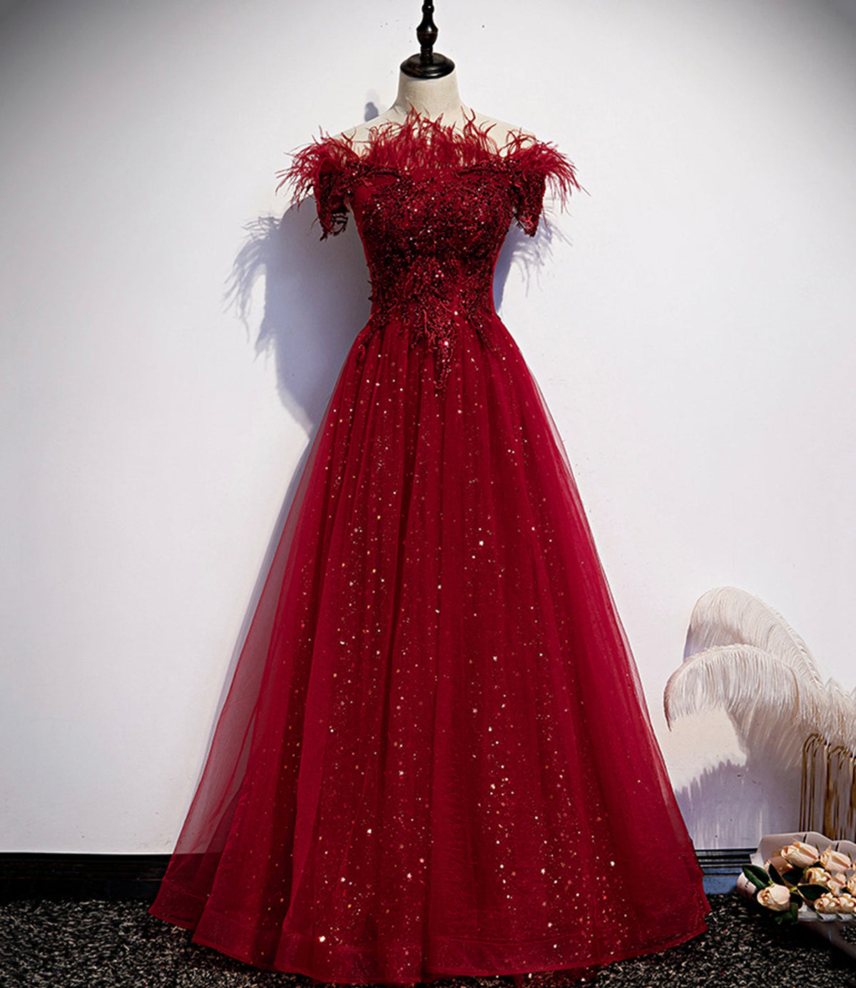 Burgundy tulle sequins long A line prom dress evening dress s69 - VelvetHem