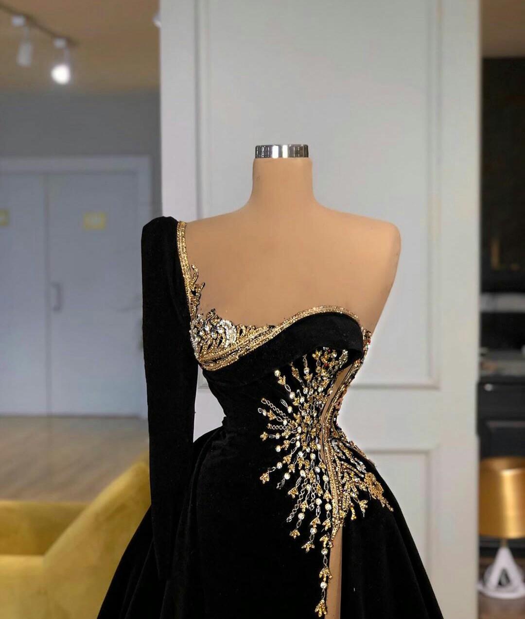Black Velvet Crystal One-Shoulder Evening Dress Pageant Celebrity Dress - FashionDia