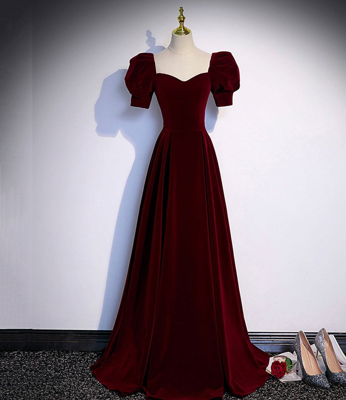 Burgundy velvet long prom dress evening dress s88 - VelvetHem