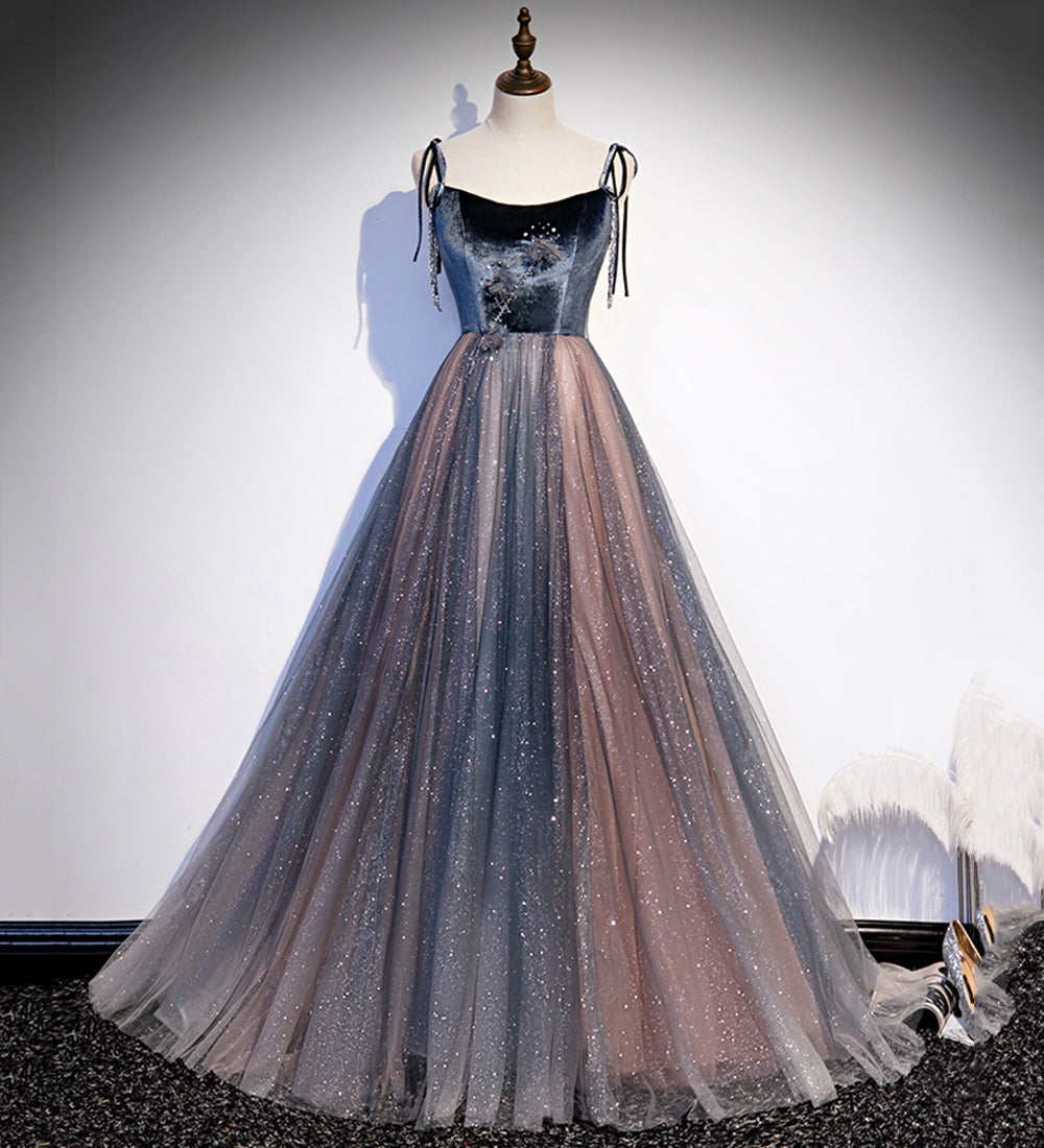 Blue tulle sequins long prom dress evening dress s80 - VelvetHem