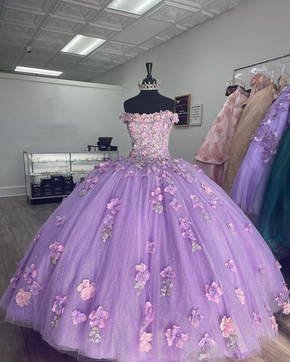 Appliqued Off-the-Shoulder Shiny Elegant Tulle Ball Gown 3D Flowers Princess Evening Dress 15 Lovely - View 2 | FashionDia