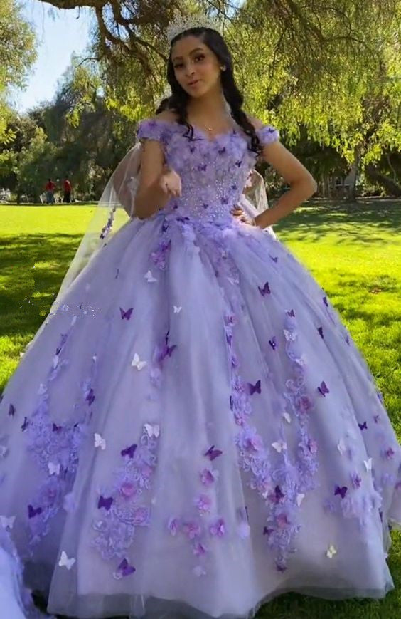 Off the Shoulder Quinceanera Dress Sweet 16 Dress Appliques and 3D Butterflies Ball Gown - VelvetHem