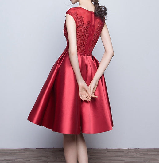 Burgundy lace satin short homecoming dress party dress - View 2 | FashionDia
