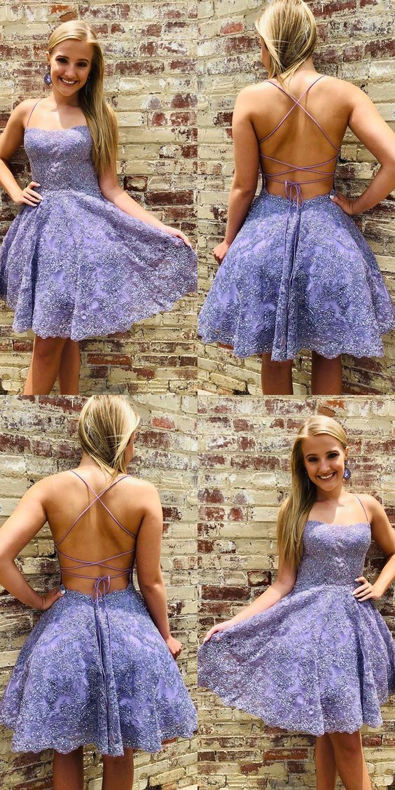 Formal lace short homecoming dresses, open back party dresses - FashionDia