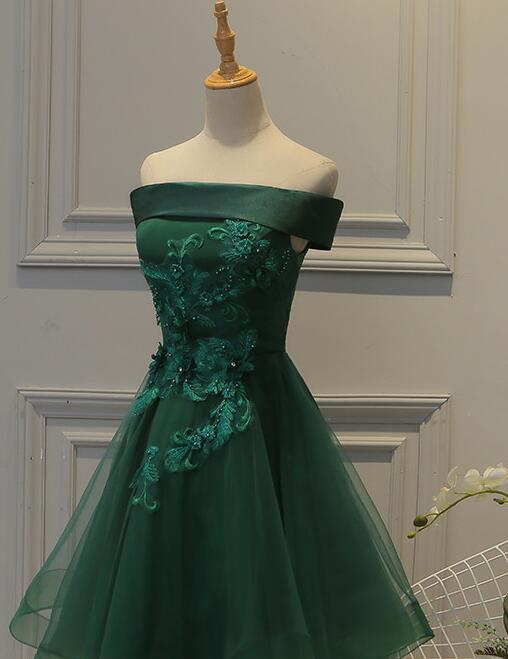Lovely Off-the-Shoulder Green Short Satin Party Dress With Lace Applique, Green Homecoming Dresses - View 2 | FashionDia