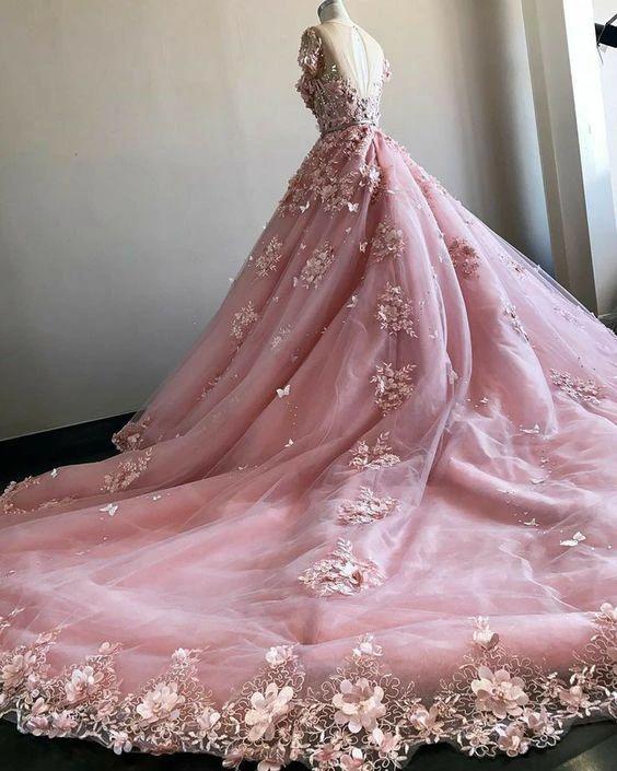 Pink 3D Flowers With Court Train,Pink Ball Gown Wedding Dress Bridal Gown Y1406 by simplepromdress