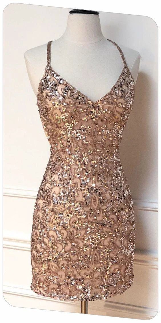 Tight Sparkle V Neck Sequins Party Dress Sexy Homecoming Dress (ZD12399)