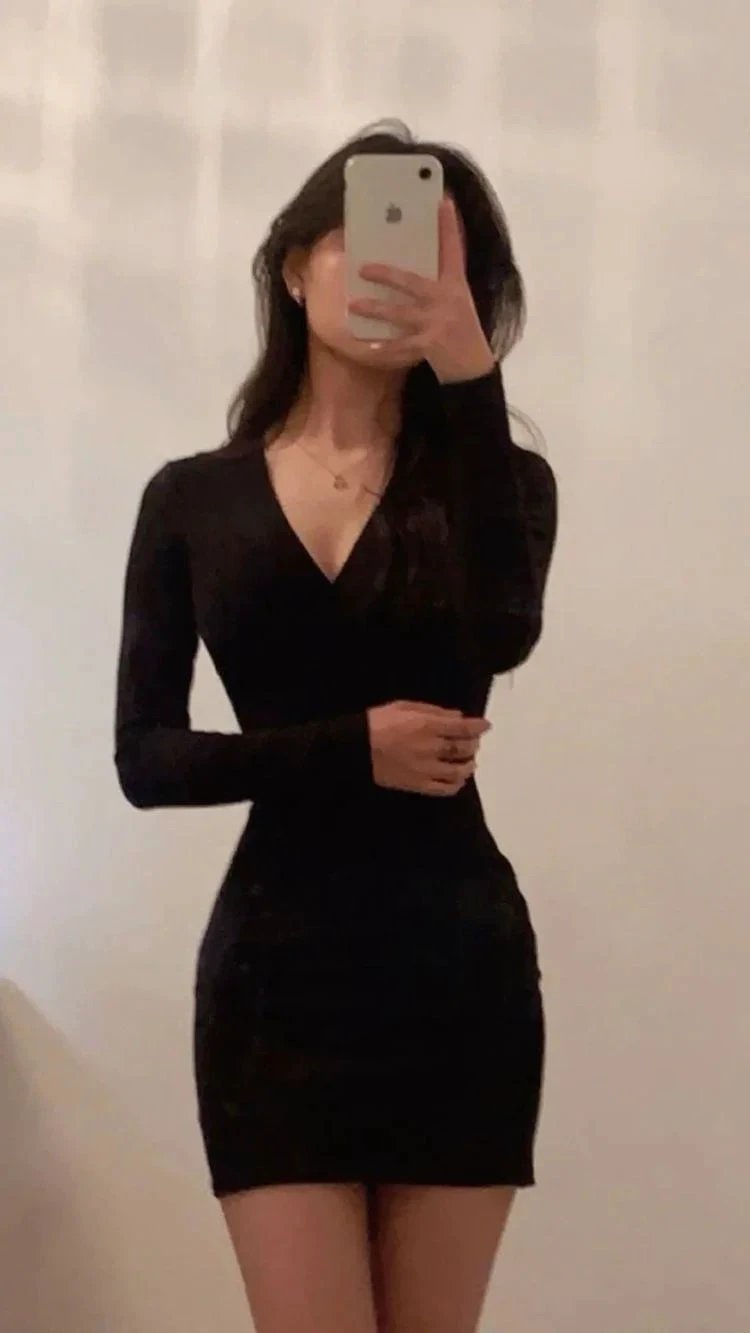Black V Neck Dress Sexy Black Homecoming Dress Long Sleeves Party Dress Y1421 by simplepromdress