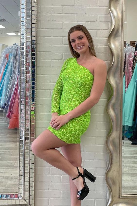 Sparkly Bodycon One-Shoulder Fluorescent Green Sequins Short Homecoming Dresses - FashionDia