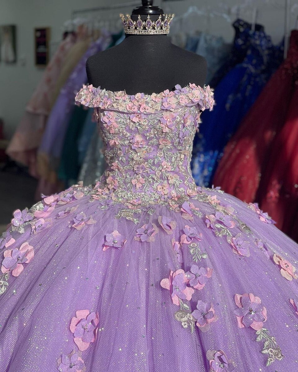 Appliqued Off-the-Shoulder Shiny Elegant Tulle Ball Gown 3D Flowers Princess Evening Dress 15 Lovely - FashionDia